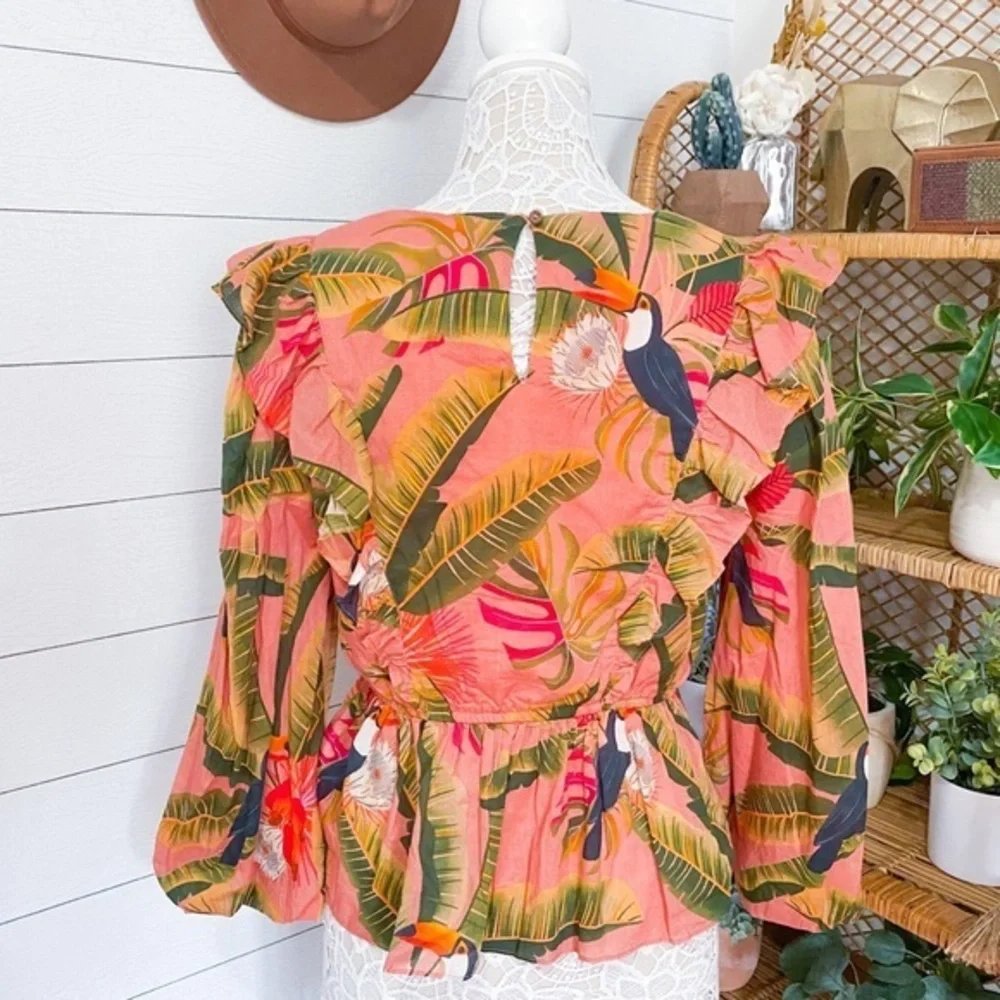 NWT Farm Rio Yasmine Ruffled Blouse Pink Combo Anthropologie Womens Top Tropical - Picture 11 of 14